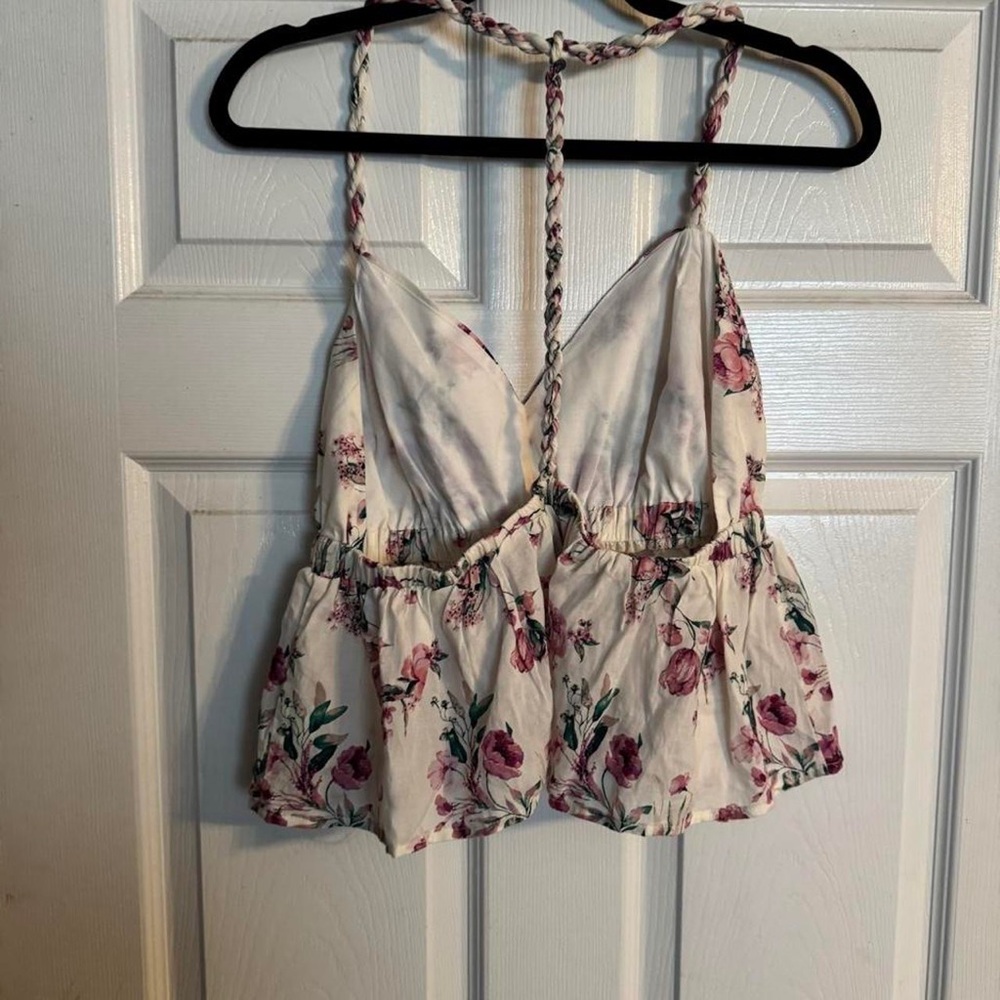 Floral White & Pink Sleeveless V-Neck Peplum Top